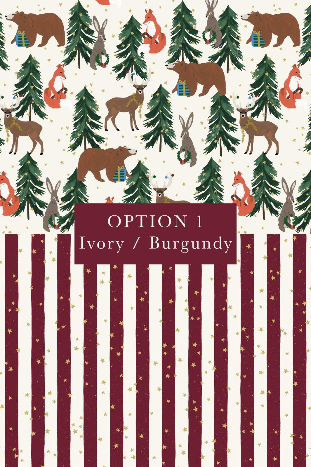 Option 1: ivory woodland paper and burgundy stripes with gold stars